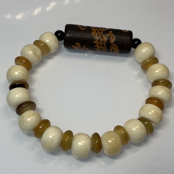 YAK HORN AND BONE + TIBETAN TUBE STONES NATURAL BRACELET size 7” - Picture 3 of 6